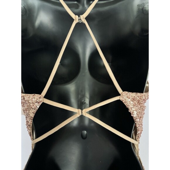 La Femme NWT Rose Blush Gold Sequin Floor Length Gown Tie Back Size 4 $398 - Picture 10 of 10